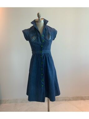 Vtg 70’s Navy Blue Button-Front Fit & Flare Denim Dress sz sm
